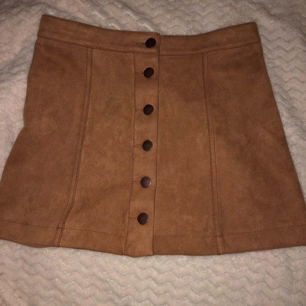 Brown, button down, suede skirt